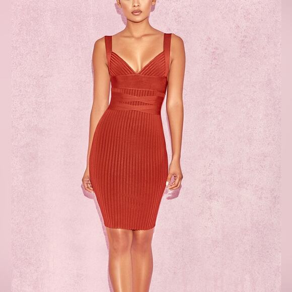 NEW House Of CB London Charmagne Rust Bandage Dress Womens M Ribbed Bodycon - Picture 3 of 11